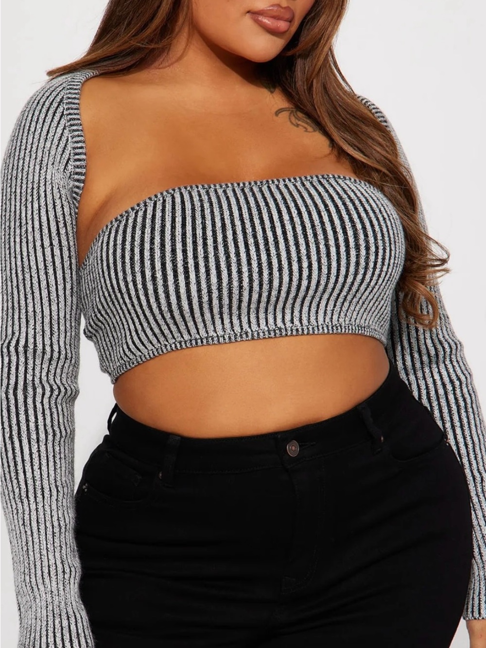 Fashion Nova Ribbed Off-Shoulder Long Sleeve Crop Top - Black & White